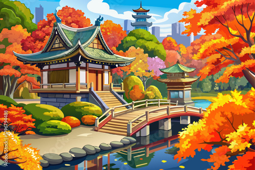 Rikugien Garden in Tokyo with beautiful autumn leaves, vibrant autumn foliage, traditional Japanese landscape, quiet seasonal scenery, and colorful nature scenery in Bunkyo, Japan.