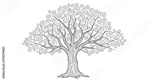 Intricate black and white illustration of a whimsical tree with swirling, curly branches and a detailed textured trunk, evoking a fairytale aesthetic.