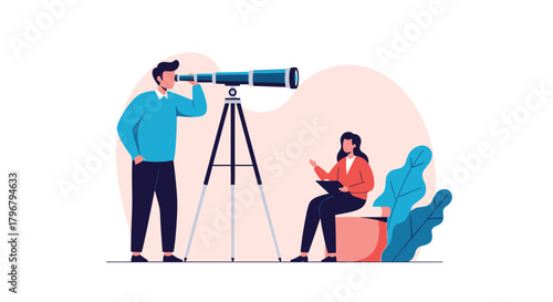 A man looks through a telescope while a woman takes notes, representing exploration, research, and future planning in a modern setting.