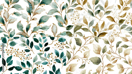 Watercolor leafy patterns with berries in teal and warm neutrals. Seamless botanical surfaces for textiles, wallpapers, packaging, and modern nature-inspired branding.