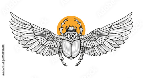 Detailed illustration of a scarab beetle with outstretched wings against a golden sun disk, evoking ancient Egyptian symbolism and rebirth concepts.