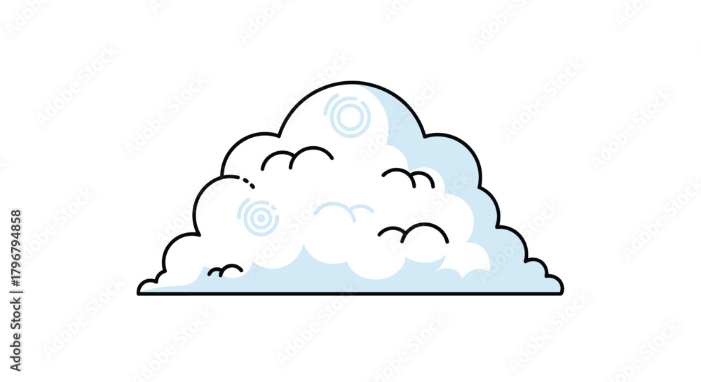 Fototapeta premium A whimsical illustration of a fluffy, light blue cloud with a cute face and swirling details, evoking a sense of calm and dreamy weather conditions.