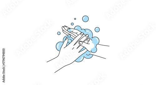 Illustration of hands being washed with soap and water, surrounded by bubbles, emphasizing hygiene and cleanliness for health and wellness concepts.