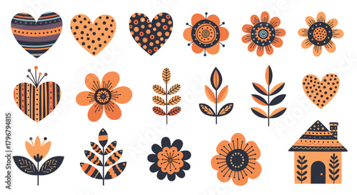 Charming folk art collection featuring stylized hearts, flowers, leaves, and a cozy house in warm orange and navy blue tones.
