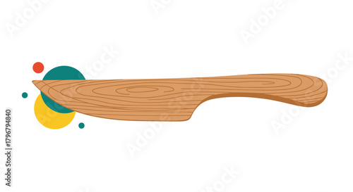 Stylized illustration of a wooden cheese knife with colorful abstract dots, perfect for culinary themes, food blogs, or kitchen-related designs.