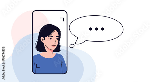 Woman on video call with speech bubble indicating conversation or message, representing remote communication and digital connection.
