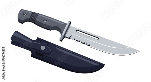 A detailed illustration of a survival knife with a dark handle and partially serrated blade, accompanied by its protective sheath, presented on a white background.