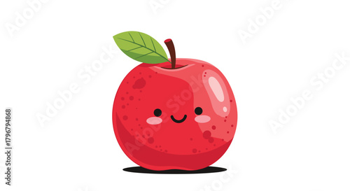 A cheerful, cartoon-style red apple with a small green leaf and a sweet, smiling face is presented on a white background, radiating freshness and health.