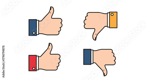 Four cartoon hands displaying thumbs up and thumbs down gestures with colorful wristbands, representing approval and disapproval concepts.