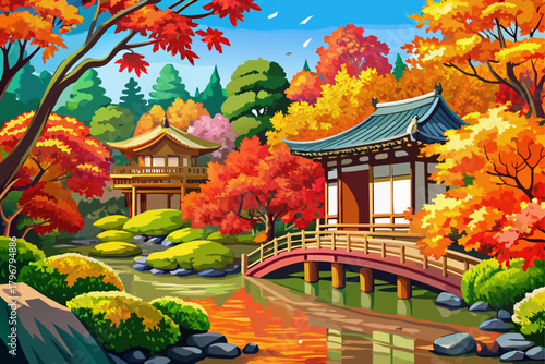 Rikugien Garden in Tokyo with beautiful autumn leaves, vibrant autumn foliage, traditional Japanese landscape, quiet seasonal scenery, and colorful nature scenery in Bunkyo, Japan.