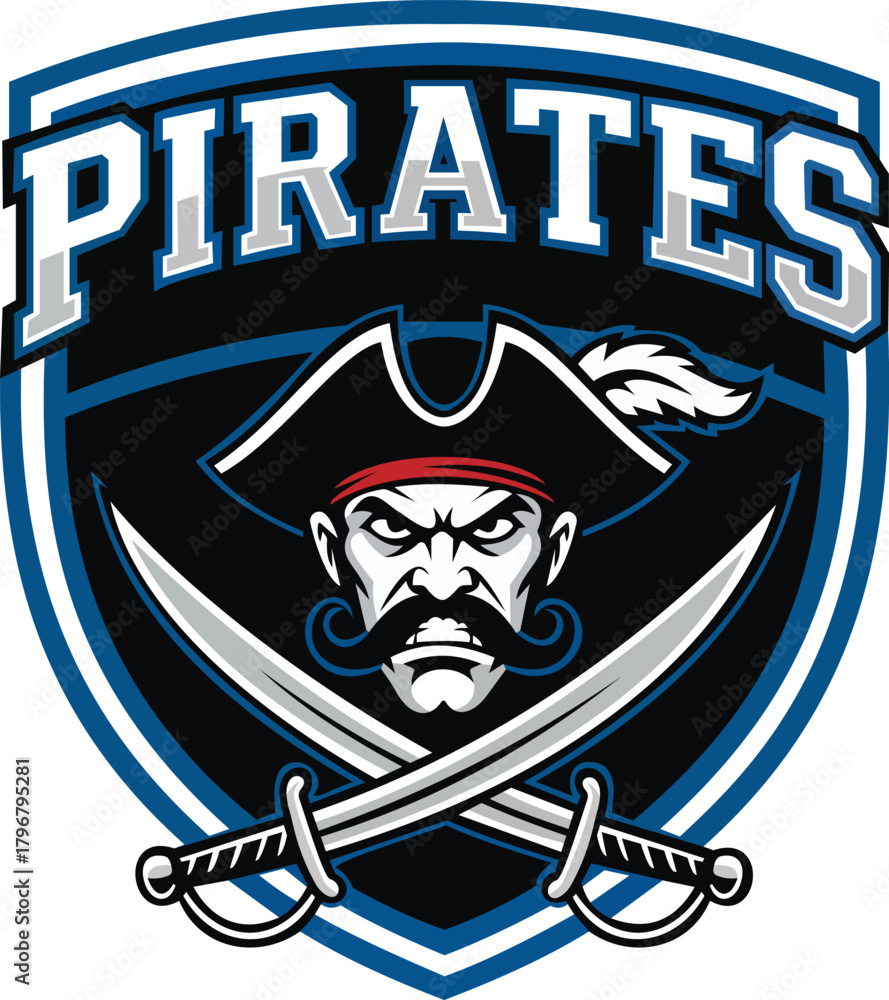 Obraz premium This striking Pirates emblem design features a fierce pirate with an iconic hat and dual swords, encapsulating the adventurous spirit of the high seas. The bold typography proclaims 