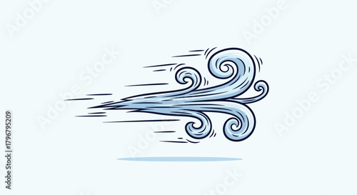 Stylized illustration of a swirling wind gust with dynamic lines and a cool blue color palette, representing air movement and weather conditions.