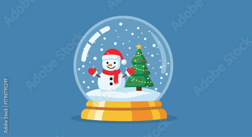 Charming snow globe featuring a cheerful snowman with a red hat and scarf standing beside a decorated Christmas tree, covered in swirling snow.