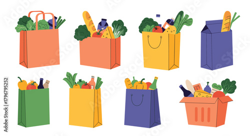 Colorful assortment of paper and reusable grocery bags filled with fresh produce, bread, and various food items, representing shopping and healthy eating.