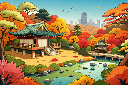 Rikugien Garden in Tokyo with beautiful autumn leaves, vibrant autumn foliage, traditional Japanese landscape, quiet seasonal scenery, and colorful nature scenery in Bunkyo, Japan.