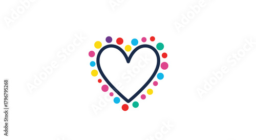 A vibrant heart outline is encircled by a colorful array of small dots, symbolizing love, joy, and inclusivity in a playful and modern design.