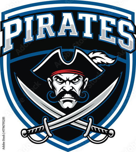 This striking Pirates emblem design features a fierce pirate with an iconic hat and dual swords, encapsulating the adventurous spirit of the high seas. The bold typography proclaims "PIRATES," making 