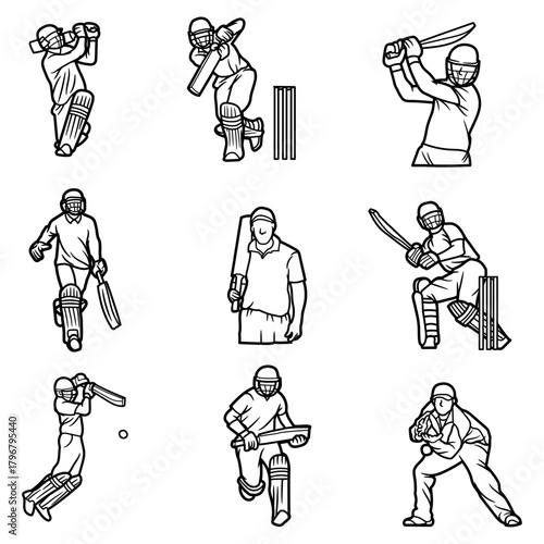 Outline Set of Cricket Players in Batting Action