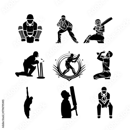  Cricket Player Action and Pose Silhouette Set