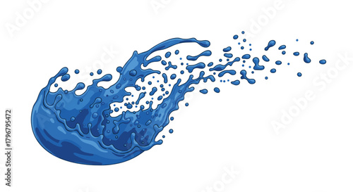 Dynamic splash of vibrant blue water, capturing the energy and movement of a liquid burst with detailed droplets and swirling forms.