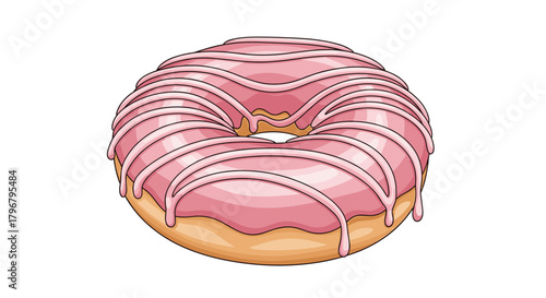 A delicious pink glazed donut with white icing drizzle, a sweet treat perfect for breakfast or dessert, beautifully illustrated in a cartoon style.