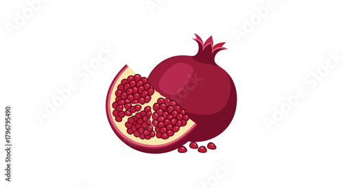 A vibrant illustration depicts a halved pomegranate alongside a whole one, showcasing the juicy red arils and the fruit's distinctive shape and color.
