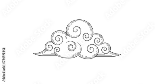 Detailed monochrome illustration of a traditional Asian cloud motif, featuring swirling patterns and a stylized design, evoking a sense of serenity and cultural heritage.