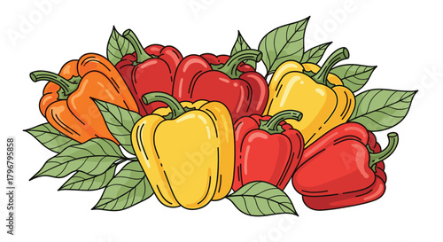 A vibrant assortment of colorful bell peppers with fresh green leaves creates a visually appealing still life, perfect for illustrating healthy eating and farm-fresh produce.
