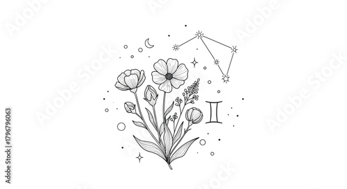 Delicate floral arrangement with Gemini constellation and celestial elements, a whimsical botanical illustration in black and white line art style.