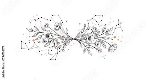 Delicate floral arrangement intertwined with constellations forming an infinity symbol, representing eternal beauty and cosmic connection.