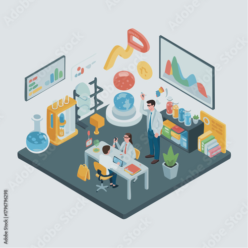 Isometric illustration of scientists conducting research and data analysis in a modern laboratory with advanced technology and scientific equipment.