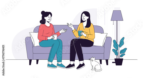 Two young women enjoying a friendly conversation while sitting on a comfortable sofa with a cat nearby, sharing drinks and a relaxed moment.