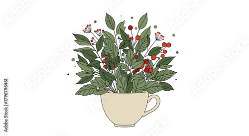 A charming illustration of a vintage teacup overflowing with lush greenery and vibrant red berries, creating a delicate and whimsical botanical arrangement.
