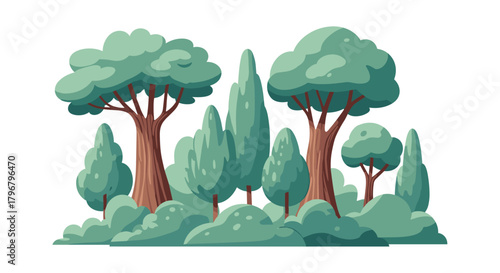 Stylized cartoon illustration of a lush forest grove with varied trees and dense foliage, creating a peaceful natural scene.