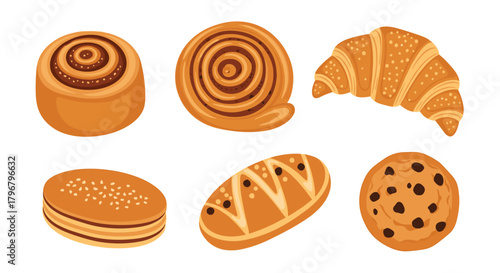 A delightful assortment of freshly baked pastries including cinnamon rolls, croissants, cookies, and bread, perfect for breakfast or a sweet treat.