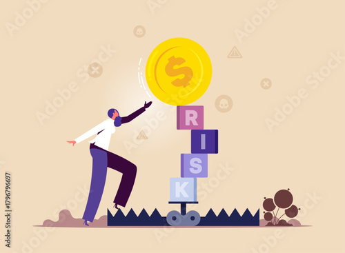Risk management, control or assess to lose money in investing, businesswoman try to pick dollar coin on block cube with the word RISK on bear trap