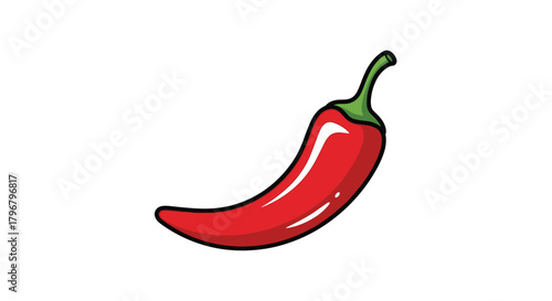 A vibrant cartoon illustration of a single red chili pepper with a green stem, showcasing a smooth, slightly curved shape and a glossy finish, perfect for culinary or spicy themes.