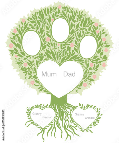 Family genealogic tree. Parents and grandparents, children.  Genealogy, pedigree.  Cartoon character. Family tree with portraits and place for text.  Family Tree template vector illustration