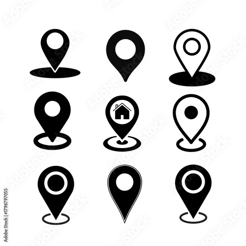 Set of Black Silhouette Map Location Pointer Icons
