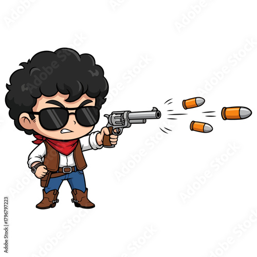 Chibi Cowboy Character Shooting Revolver with Bullets Flying Out