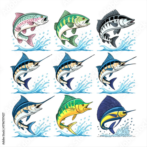 Dynamic Sport Fishing Fish Vector Set