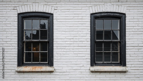 Two aged windows with dark, worn frames against a light brick wall, highlighting preservation
