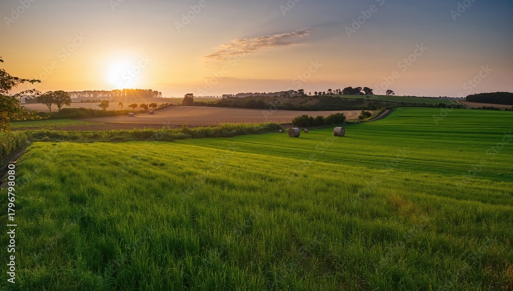 Fototapeta premium Rural landscape featuring agricultural cultivation and hay bales at sunset, highlighting seasonal change