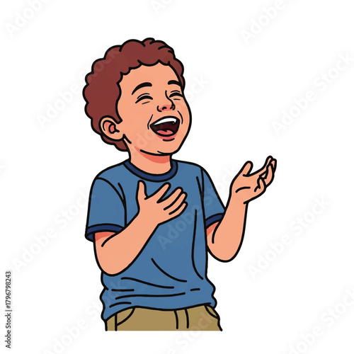 Joyful cartoon boy laughing with hand on chest, expressing happiness and cheerful energy.