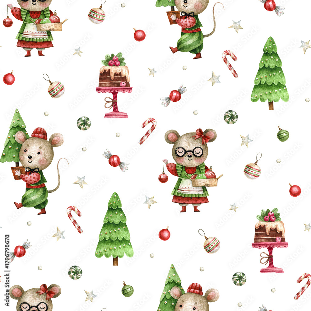 Fototapeta premium Watercolor seamless Christmas pattern with cute mice, trees, cakes, and ornaments. Hand-painted festive design perfect for wrapping paper, fabric prints, wallpaper, and cozy holiday decor.