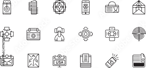 Set of black and white icons representing various concepts