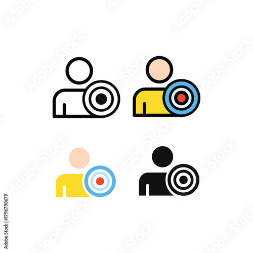 Customer target icon set showing a person with a target symbol, ideal for marketing, audience analysis, business goals, user targeting, customer focus, strategy planning, and branding design projects.