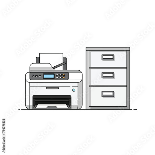 Illustration of a modern office printer next to a three-drawer filing cabinet on a white background.