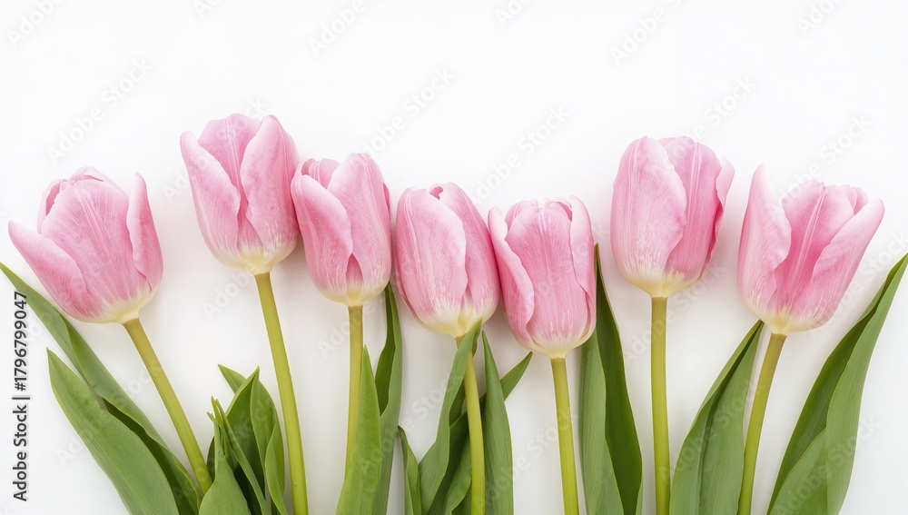 Fototapeta premium Pink tulips against a white backdrop for a Valentine's Day postcard