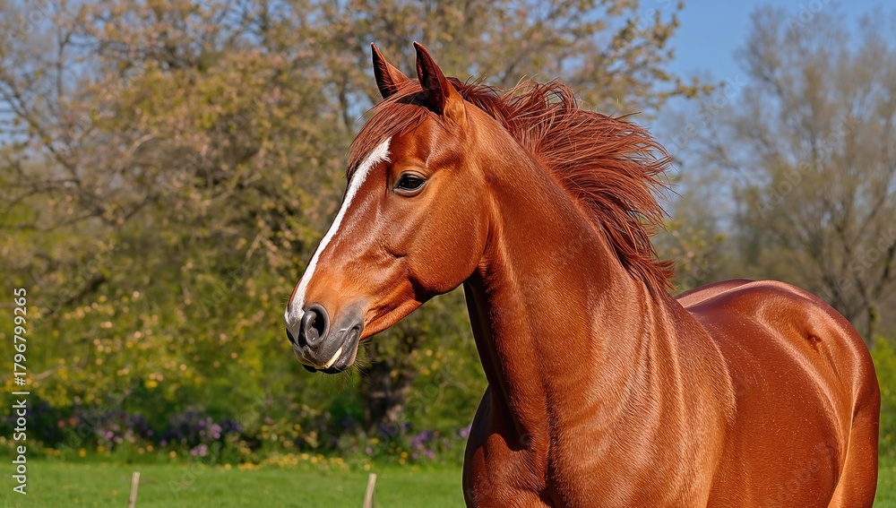 Fototapeta premium Portrait of an elegant chestnut Budyonny horse during the spring season, highlighting seasonal change